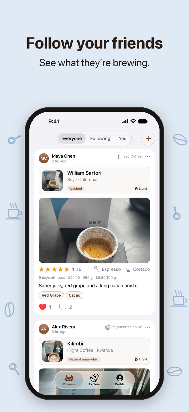 The feed: friends' cups, rated and photographed