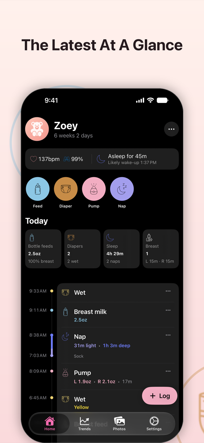Home screen with vitals, quick actions, today's totals and the day's timeline