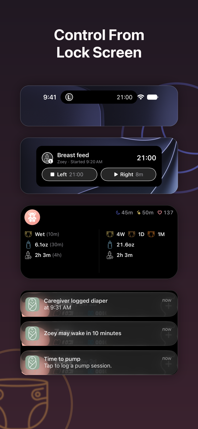 Lock Screen controls, a breast feed timer in the Dynamic Island, widgets and notifications