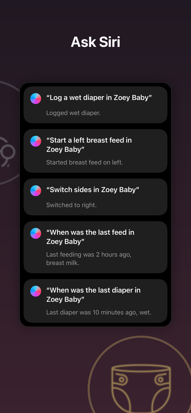 Siri phrases for logging a diaper, starting a breast feed, and asking when the last feed was