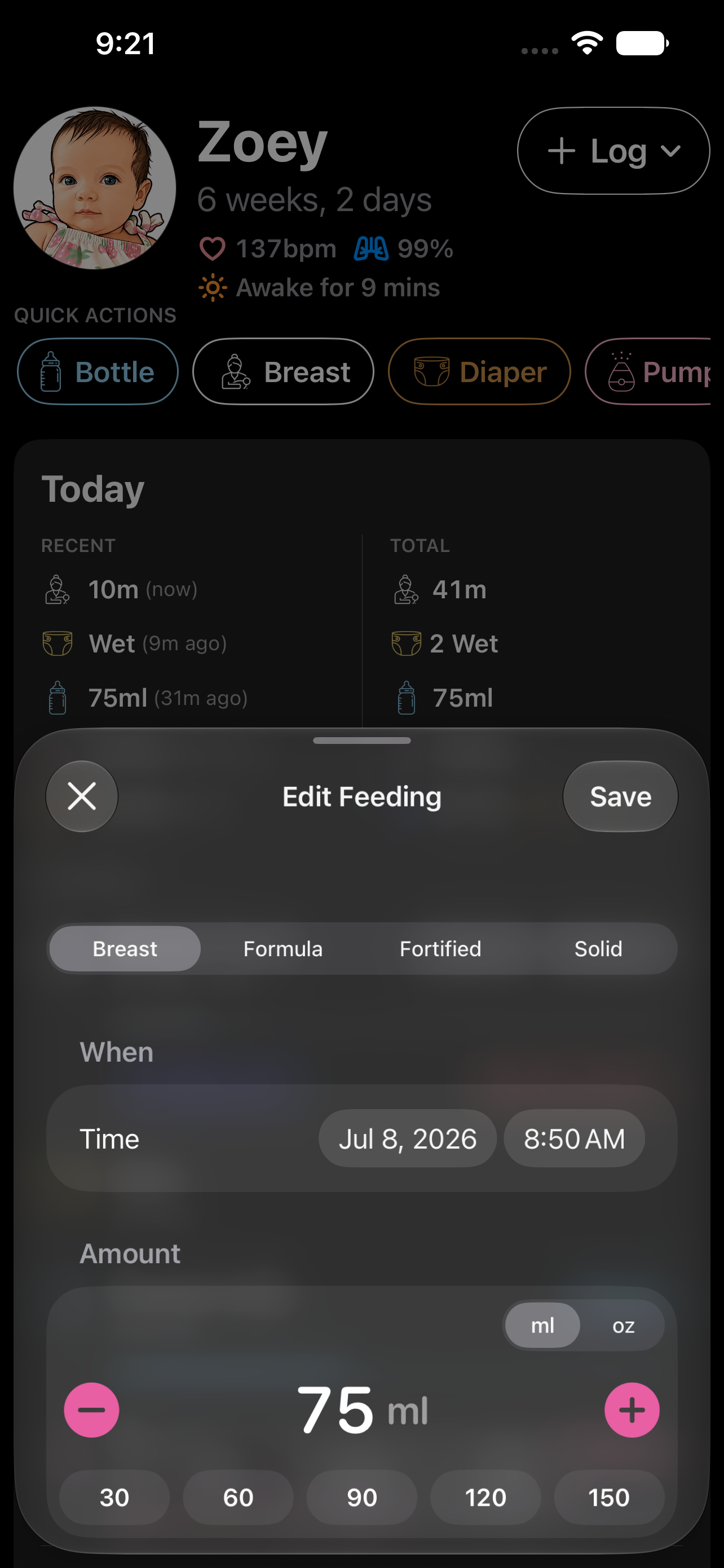 Logging a bottle feed with amount and content type