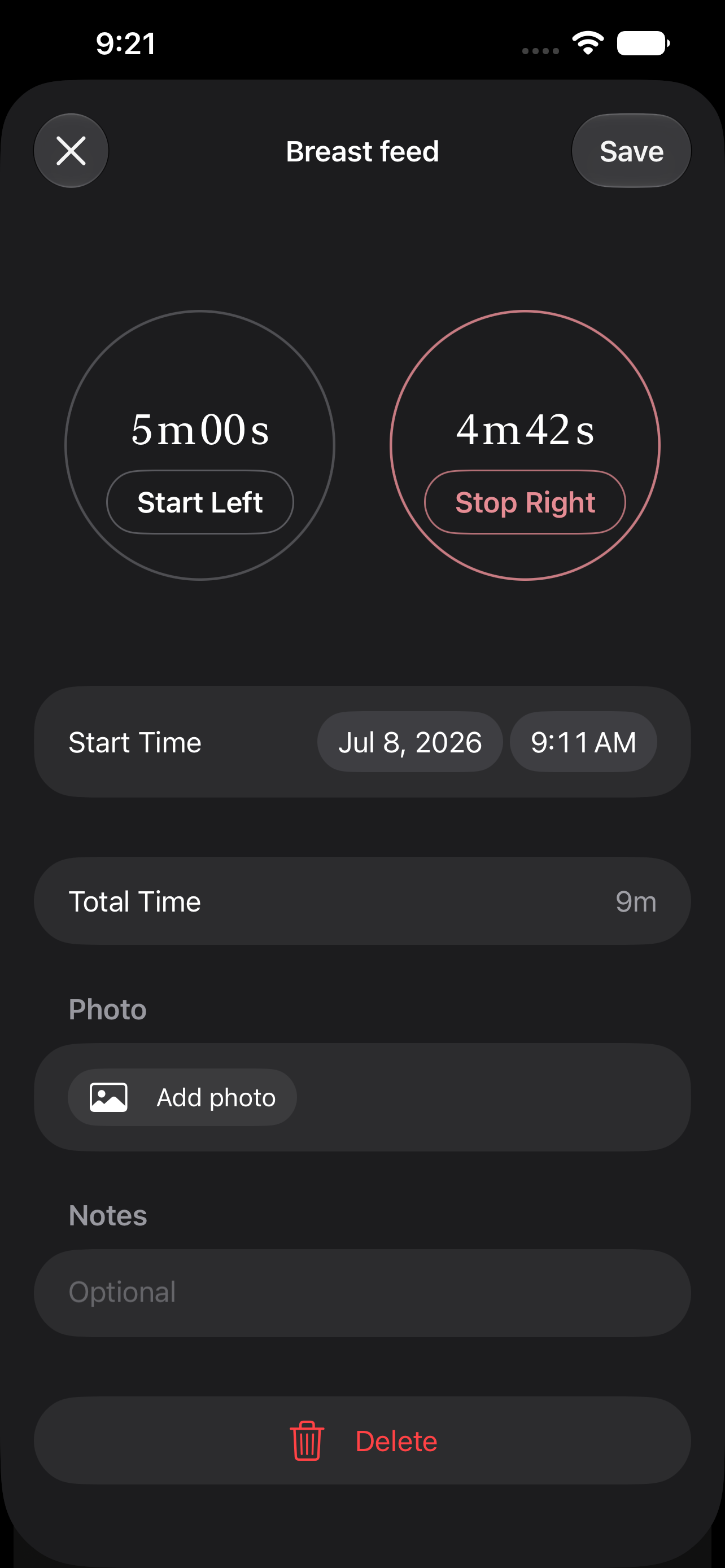 Editing a breast feed session with per-side timers