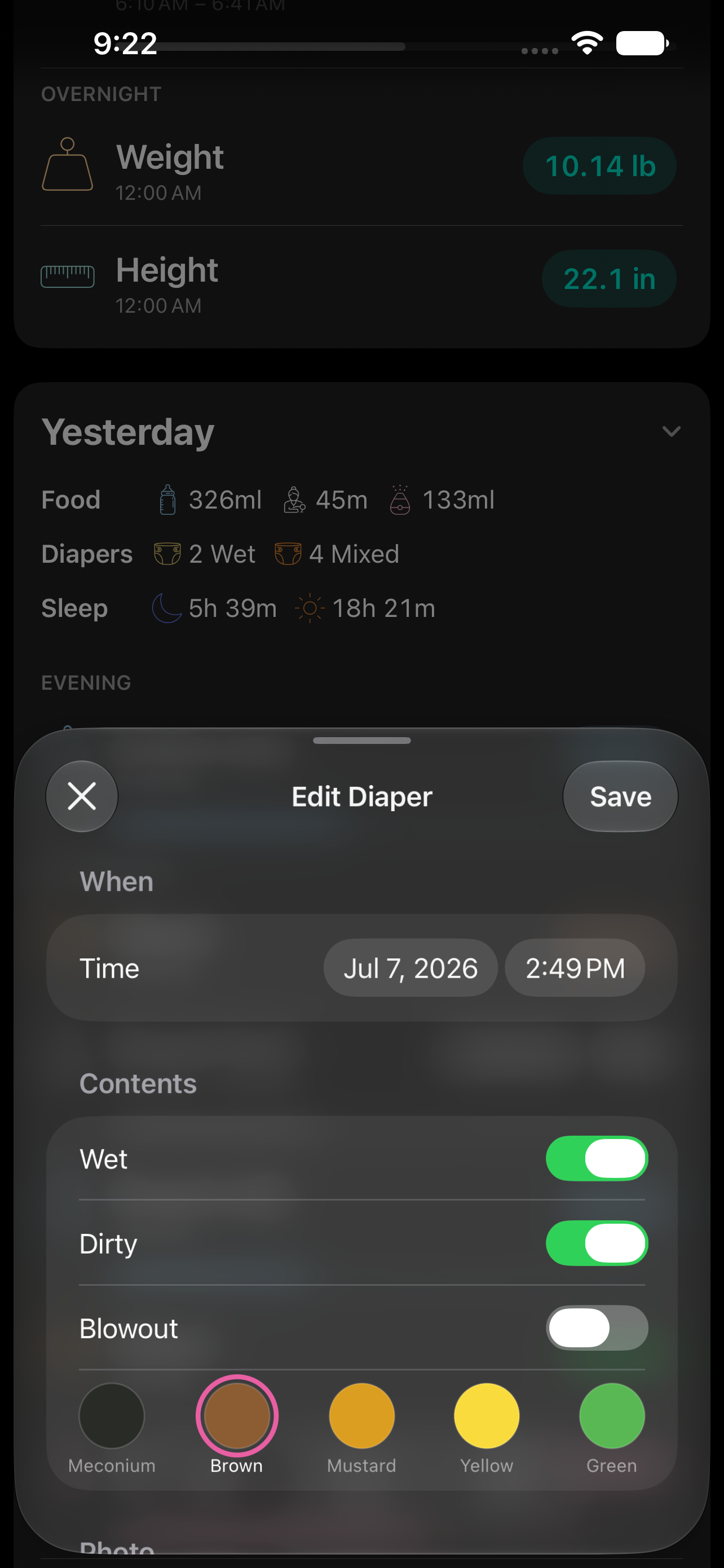 Logging a diaper change with color picker