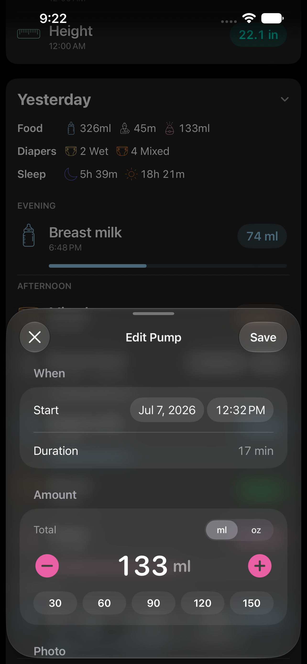 Editing a pump session with duration and amount